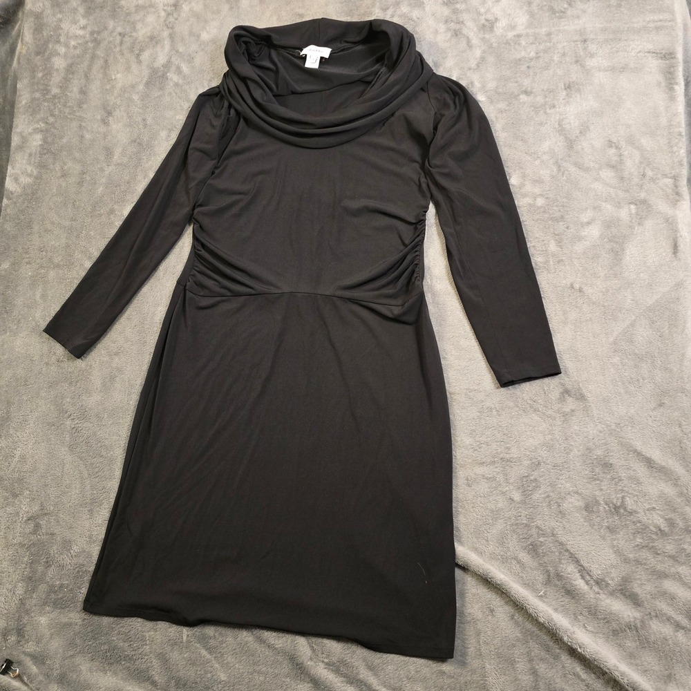 Chic Black Cowl Neck Midi Dress Small Ruched Draped Bodycon Cocktail Party Gala - Picture 4 of 16